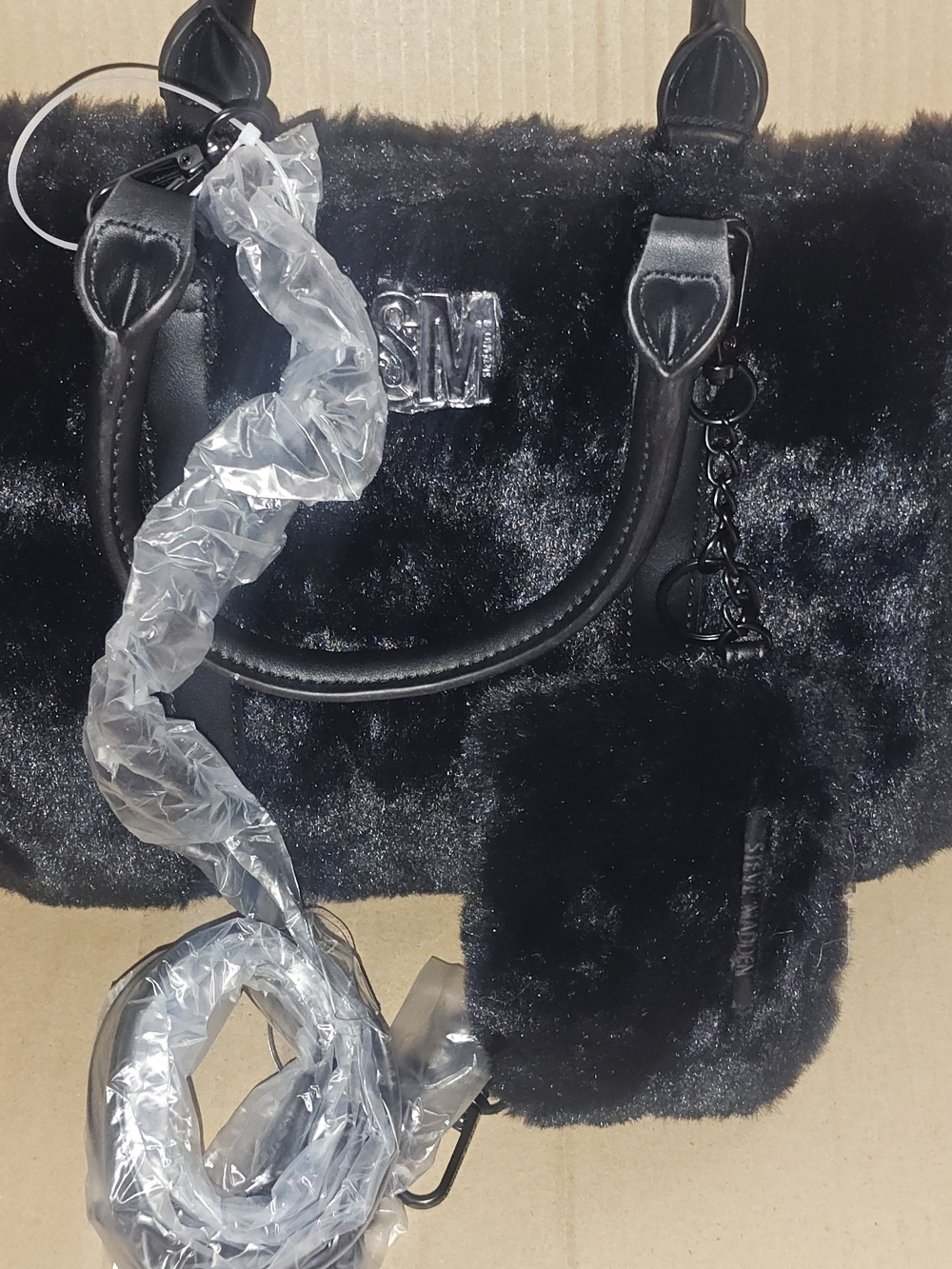 Steve Madden Black Faux-Fur Crossbody Satchel with Pom Charm